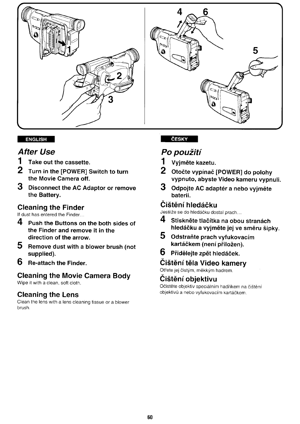 After use, Cleaning the finder, Cleaning the movie camera body | Cleaning the lens, Po pouzitf, Cistern' hledacku, Cistern' tela video kamery, Cistern' objektivu | Panasonic NV-RX70EE User Manual | Page 57 / 132