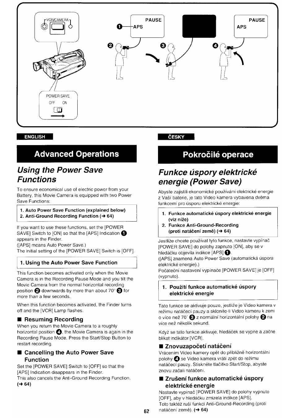 English, Cesky, Using the power save functions | Resuming recording, Cancelling the auto power save function, Funkce uspory eiektrické energie (power save), Znovuzapoceti natàèeni, Advanced operations, Pokrocilé operace | Panasonic NV-RX70EE User Manual | Page 59 / 132
