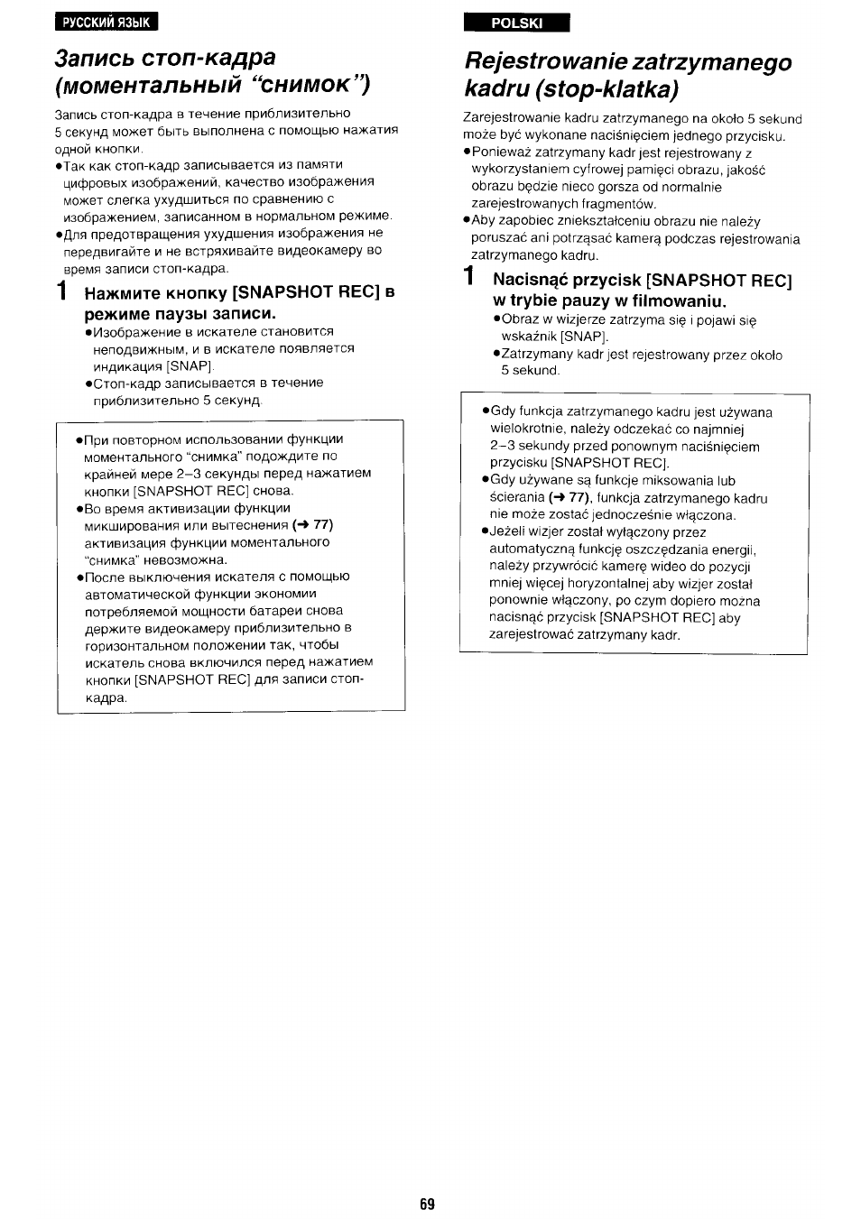 Запись стоп-кадра (моментальный “снимок”), Rejestrowanie zatrzymanego kadru (stop-klatka) | Panasonic NV-RX70EE User Manual | Page 66 / 132