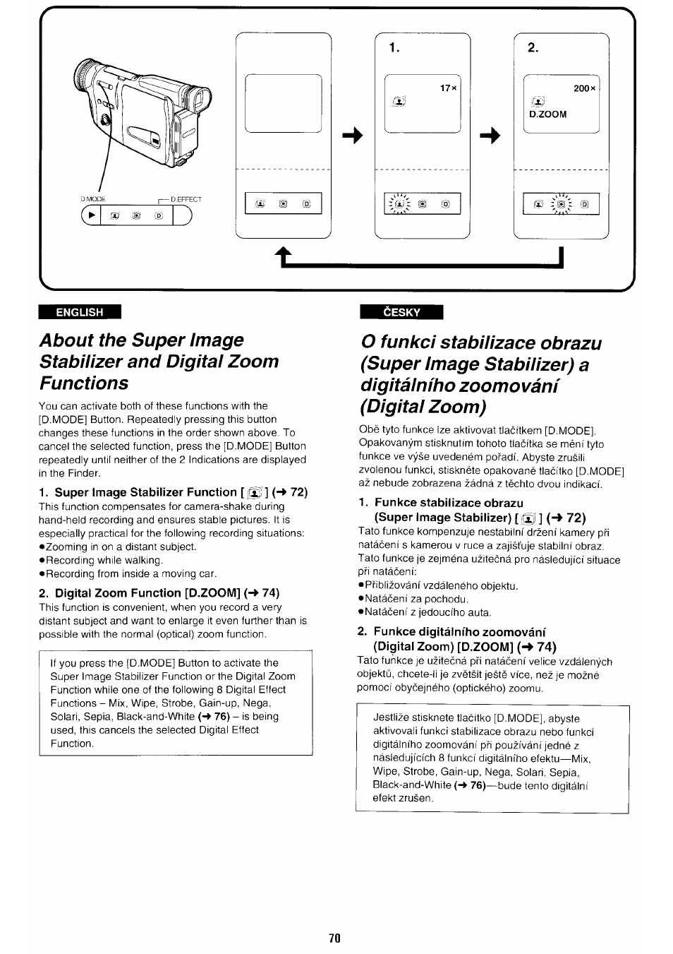 Super image stabilizer function [ @] (-» 72), Digital zoom function [d.zoom] 74), Funkce stabilizace obrazu | Super image stabilizer) [ ® 72) | Panasonic NV-RX70EE User Manual | Page 67 / 132