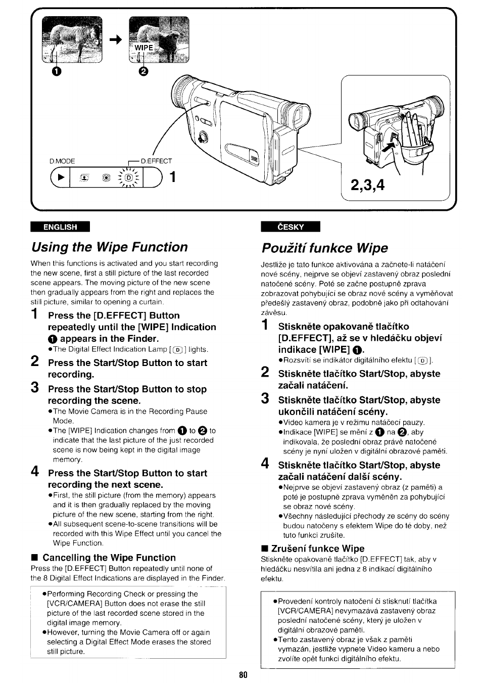 Using the wipe function, Pouziti funkce wipe | Panasonic NV-RX70EE User Manual | Page 77 / 132