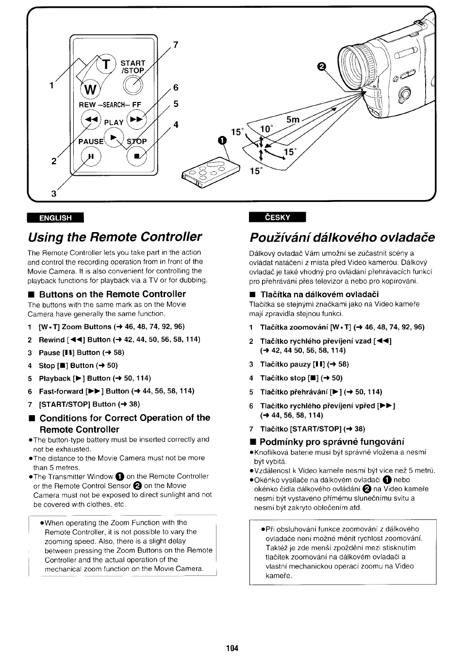 Using the remote controller, Buttons on the remote controller, Pouzívánídálkového oviadace | Tlacítka na dálkovém oviadaci, Podmínky pro správné fungování | Panasonic NV-RX70EE User Manual | Page 99 / 132