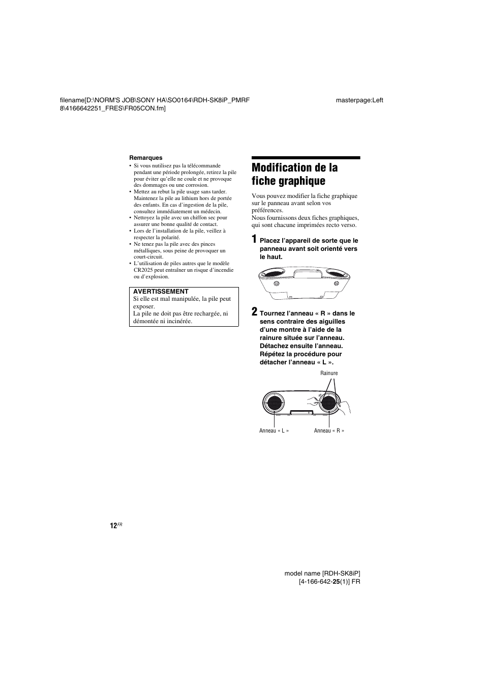 Modification de la fiche graphique, Modification de la fiche, Graphique | Sony RDH-SK8iP User Manual | Page 12 / 44