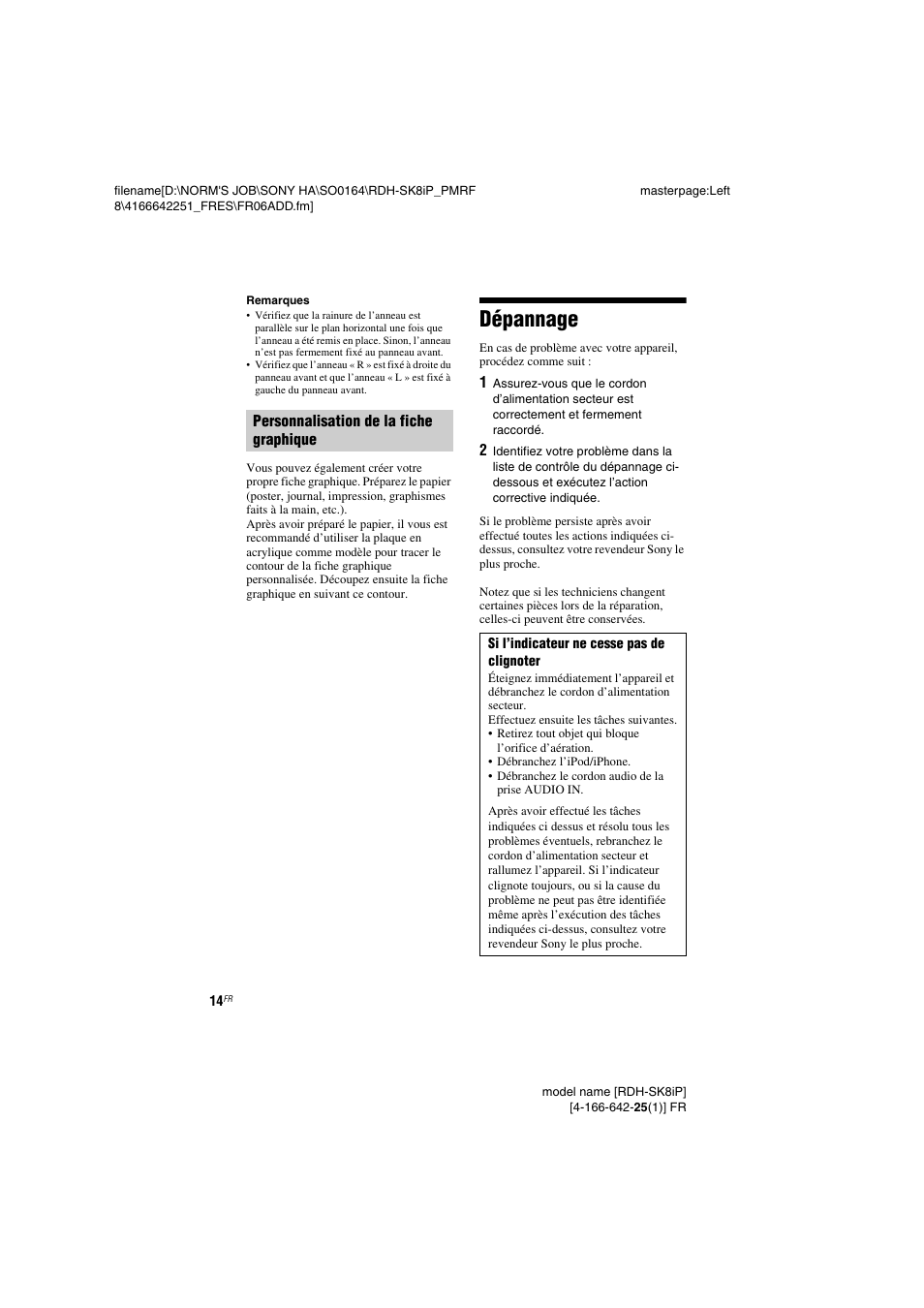 Dépannage, Personnalisation de la fiche, Graphique | Sony RDH-SK8iP User Manual | Page 14 / 44