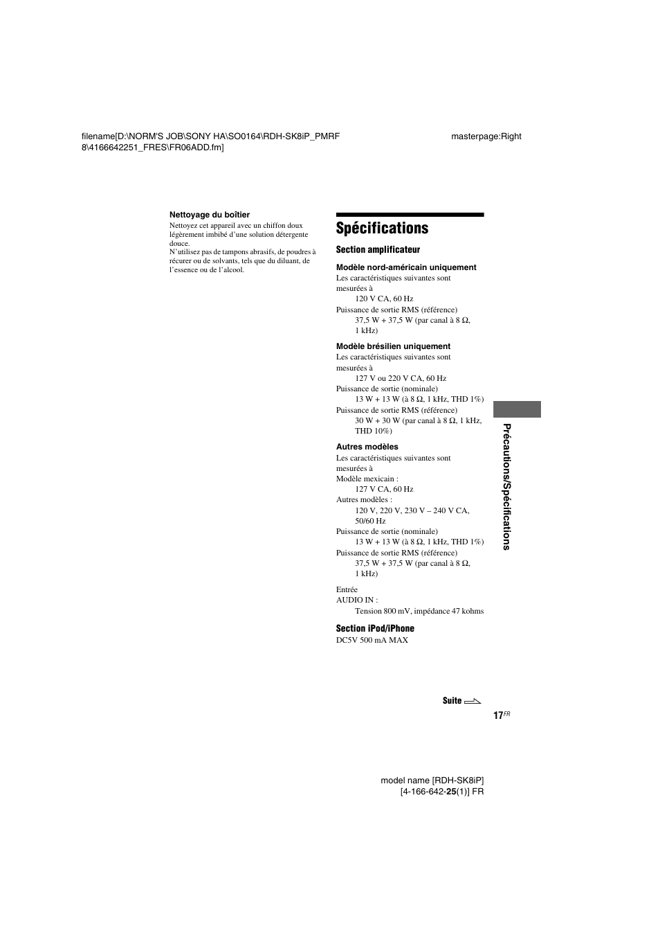 Spécifications | Sony RDH-SK8iP User Manual | Page 17 / 44