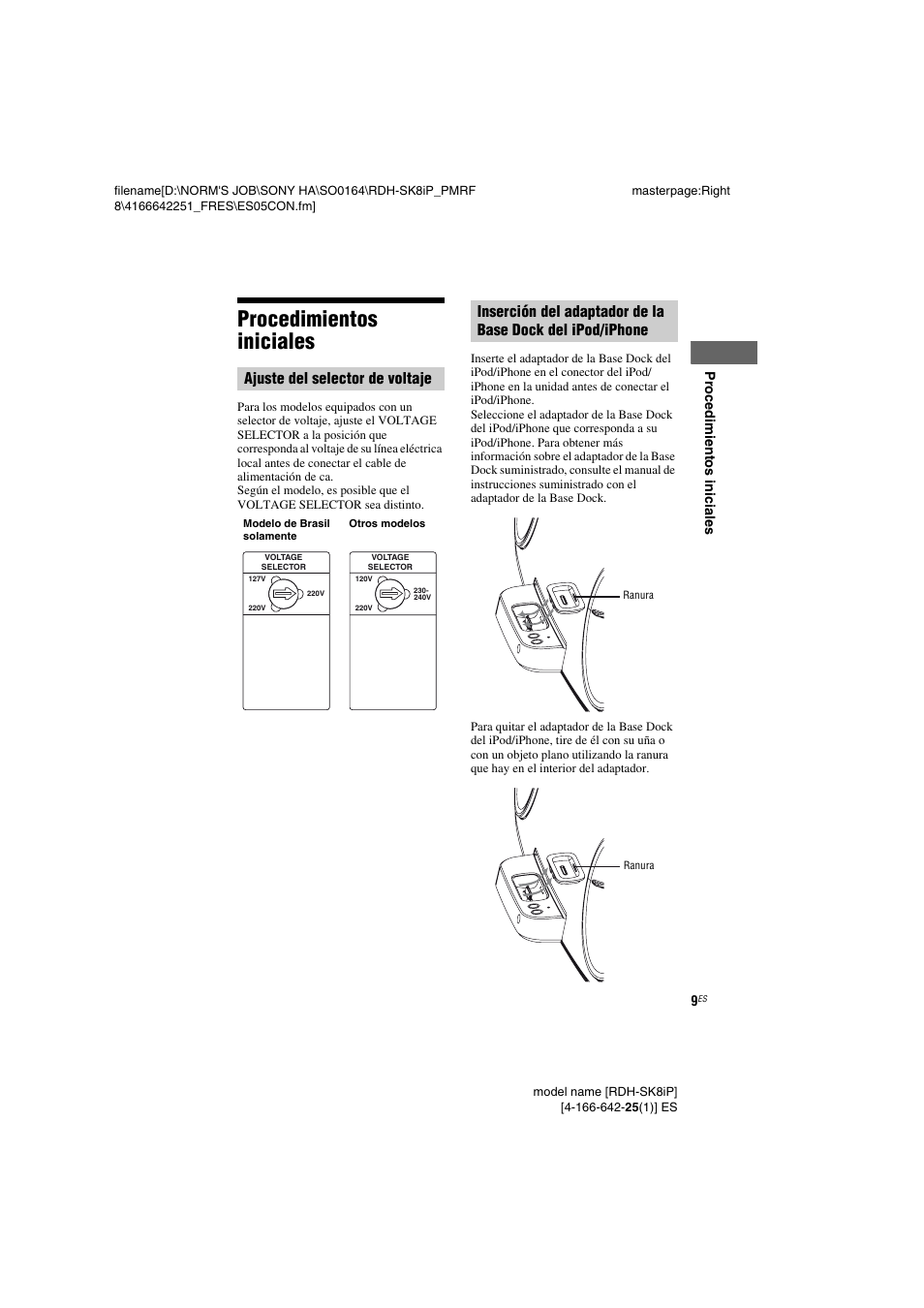 Procedimientos iniciales, Base dock del ipod/iphone, Ajuste del selector de voltaje | Sony RDH-SK8iP User Manual | Page 29 / 44
