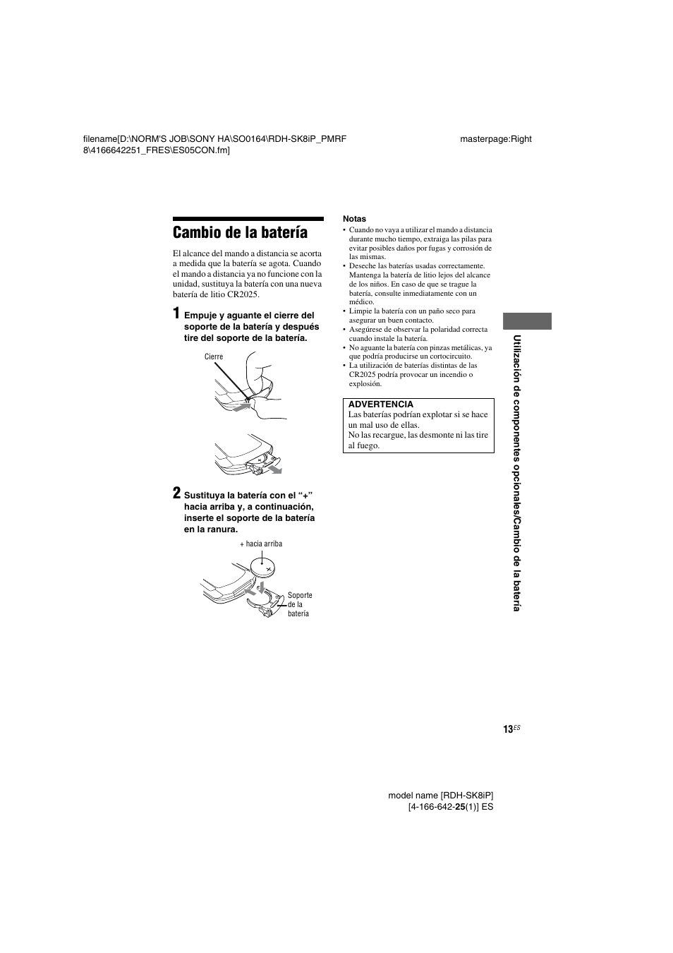 Cambio de la batería | Sony RDH-SK8iP User Manual | Page 33 / 44