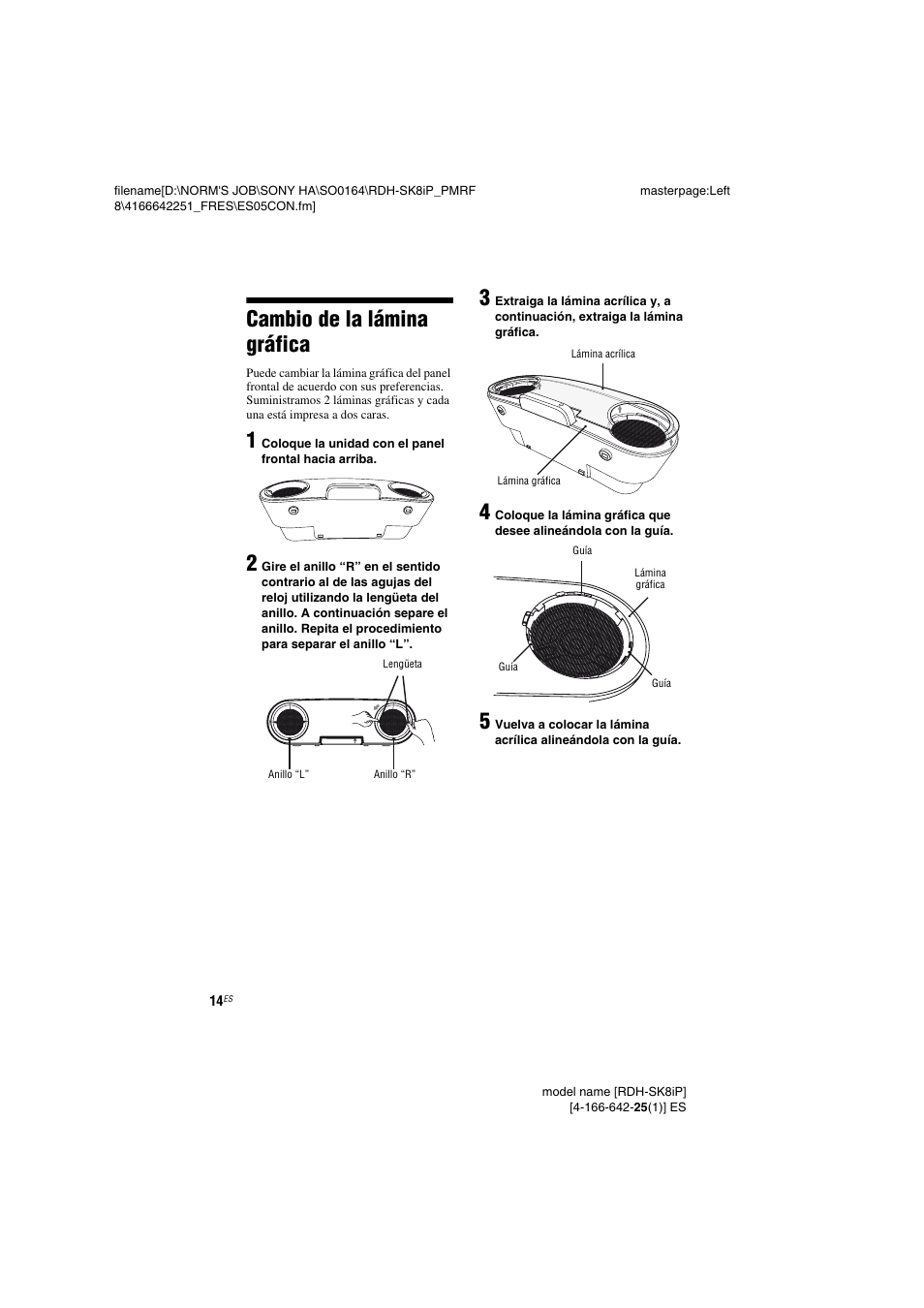 Cambio de la lámina gráfica, Cambio de la lámina, Gráfica | Sony RDH-SK8iP User Manual | Page 34 / 44