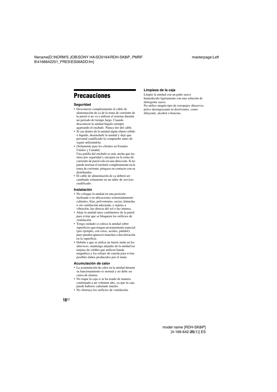 Precauciones | Sony RDH-SK8iP User Manual | Page 38 / 44