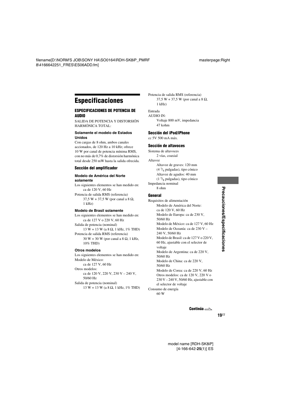 Especificaciones | Sony RDH-SK8iP User Manual | Page 39 / 44