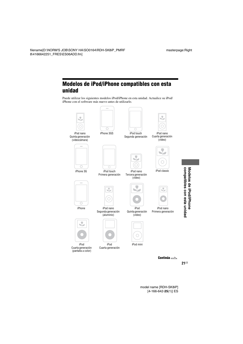 Modelos de ipod/iphone compatibles con esta unidad, Modelos de ipod/iphone, Compatibles con esta unidad | Sony RDH-SK8iP User Manual | Page 41 / 44