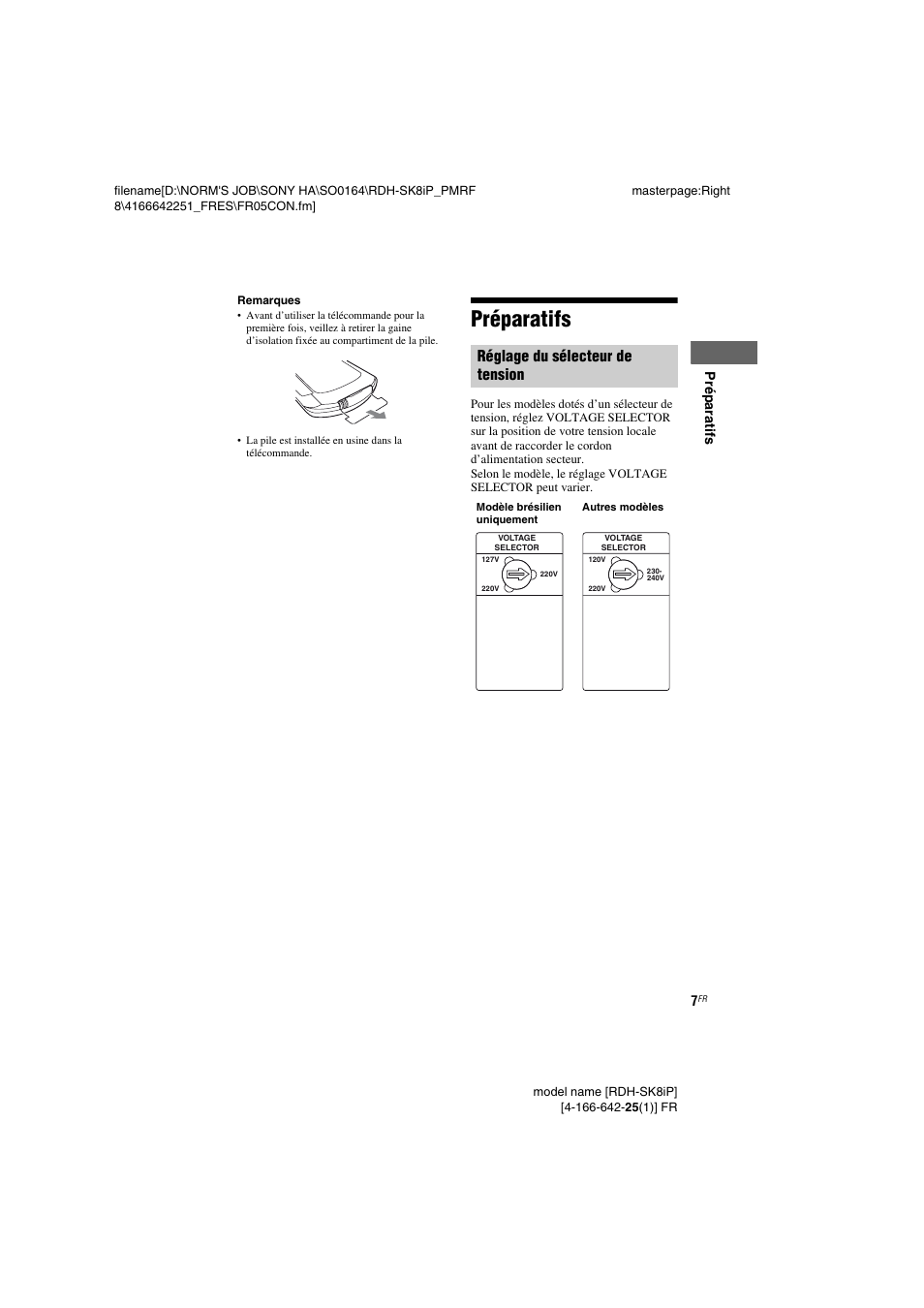 Préparatifs, Réglage du sélecteur de, Tension | Réglage du sélecteur de tension | Sony RDH-SK8iP User Manual | Page 7 / 44