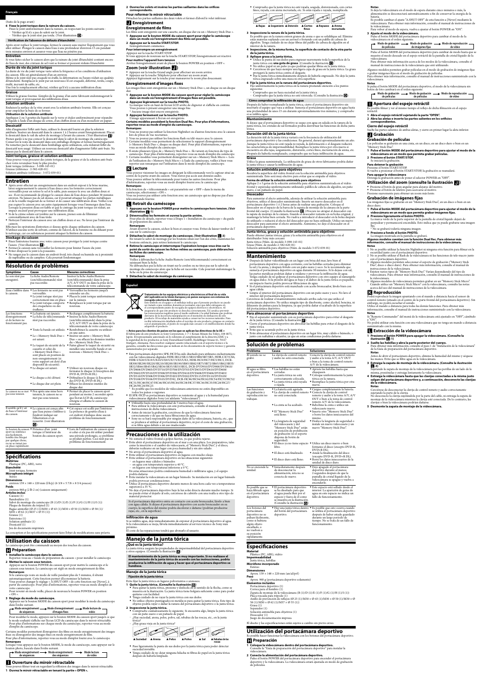 Entretien, Résolution de problèmes, Spécifications | Utilisation du caisson, Precauciones en la utilización, Manejo de la junta tórica, Mantenimiento, Solución de problemas, Especificaciones, Utilización del portacámara deportivo | Sony SPK-HCD User Manual | Page 2 / 2