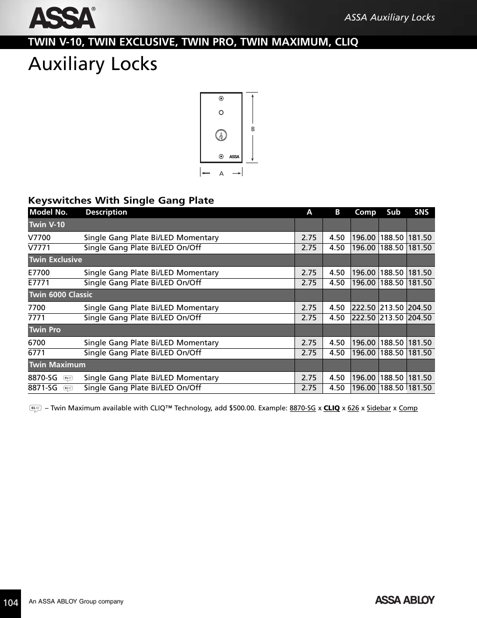 Auxiliary locks, Keyswitches with single gang plate | Assa high security lock User Manual | Page 105 / 146