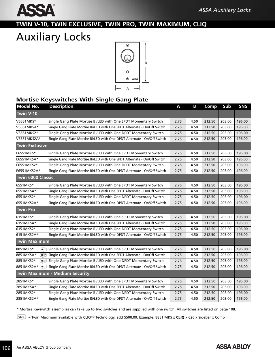 Auxiliary locks, Mortise keyswitches with single gang plate, 106 assa auxiliary locks | Assa high security lock User Manual | Page 107 / 146