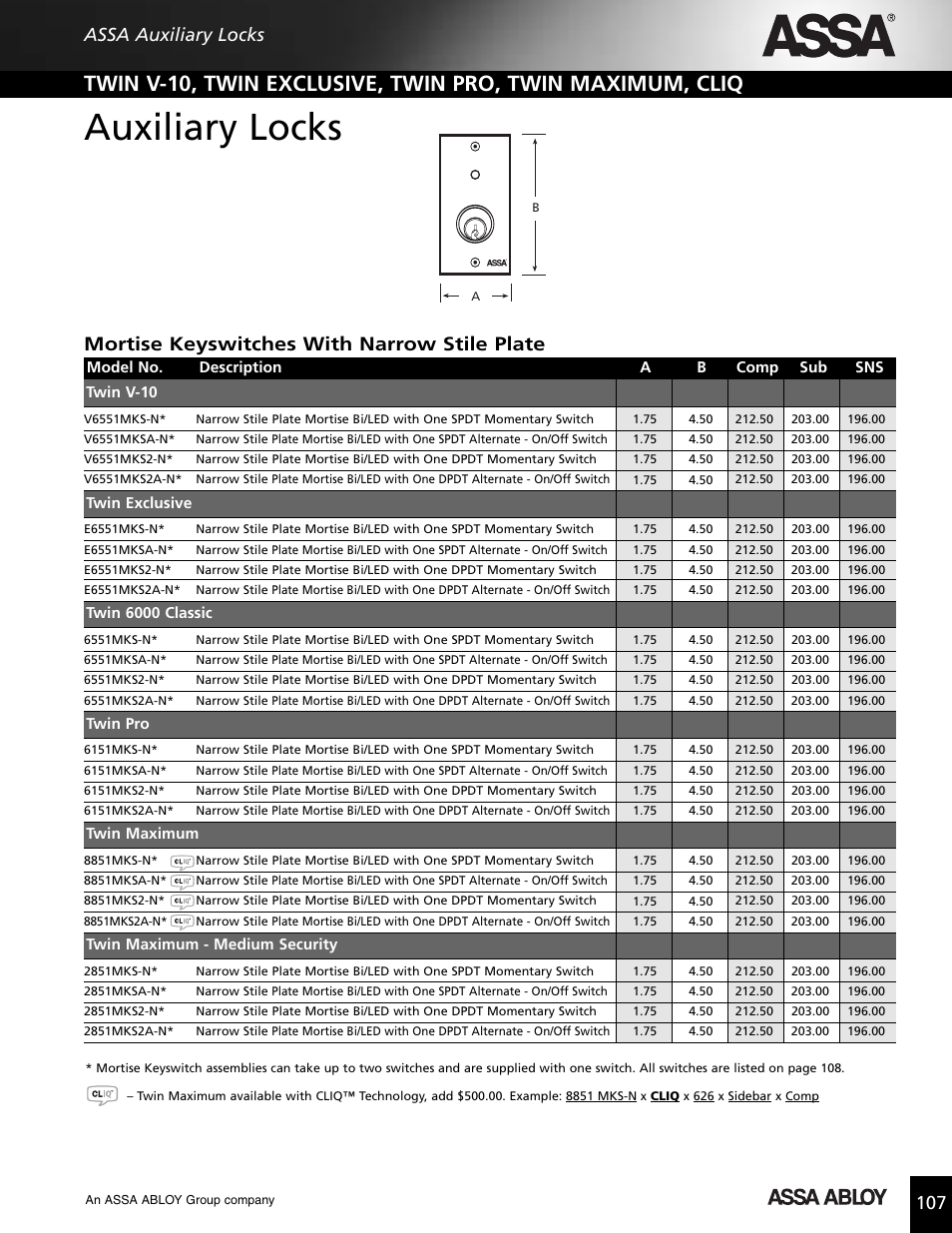 Auxiliary locks, Mortise keyswitches with narrow stile plate, 107 assa auxiliary locks | Assa high security lock User Manual | Page 108 / 146