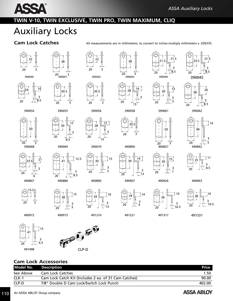Auxiliary locks, Cam lock catches cam lock accessories, 110 assa auxiliary locks | Assa high security lock User Manual | Page 111 / 146