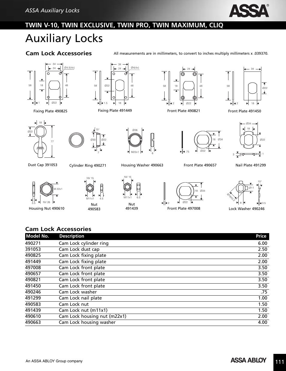 Auxiliary locks, Cam lock accessories, 111 assa auxiliary locks | Assa high security lock User Manual | Page 112 / 146