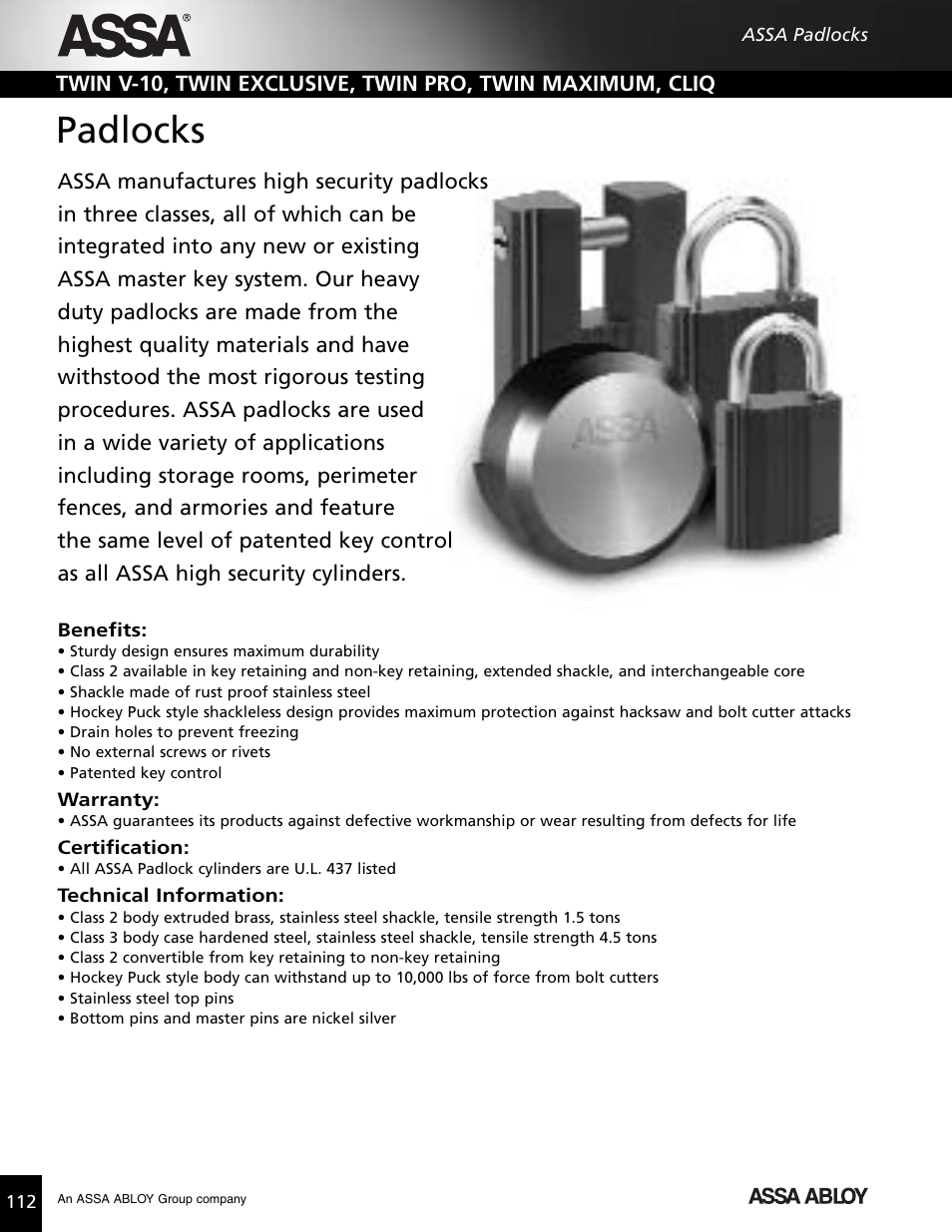 Padlocks | Assa high security lock User Manual | Page 113 / 146