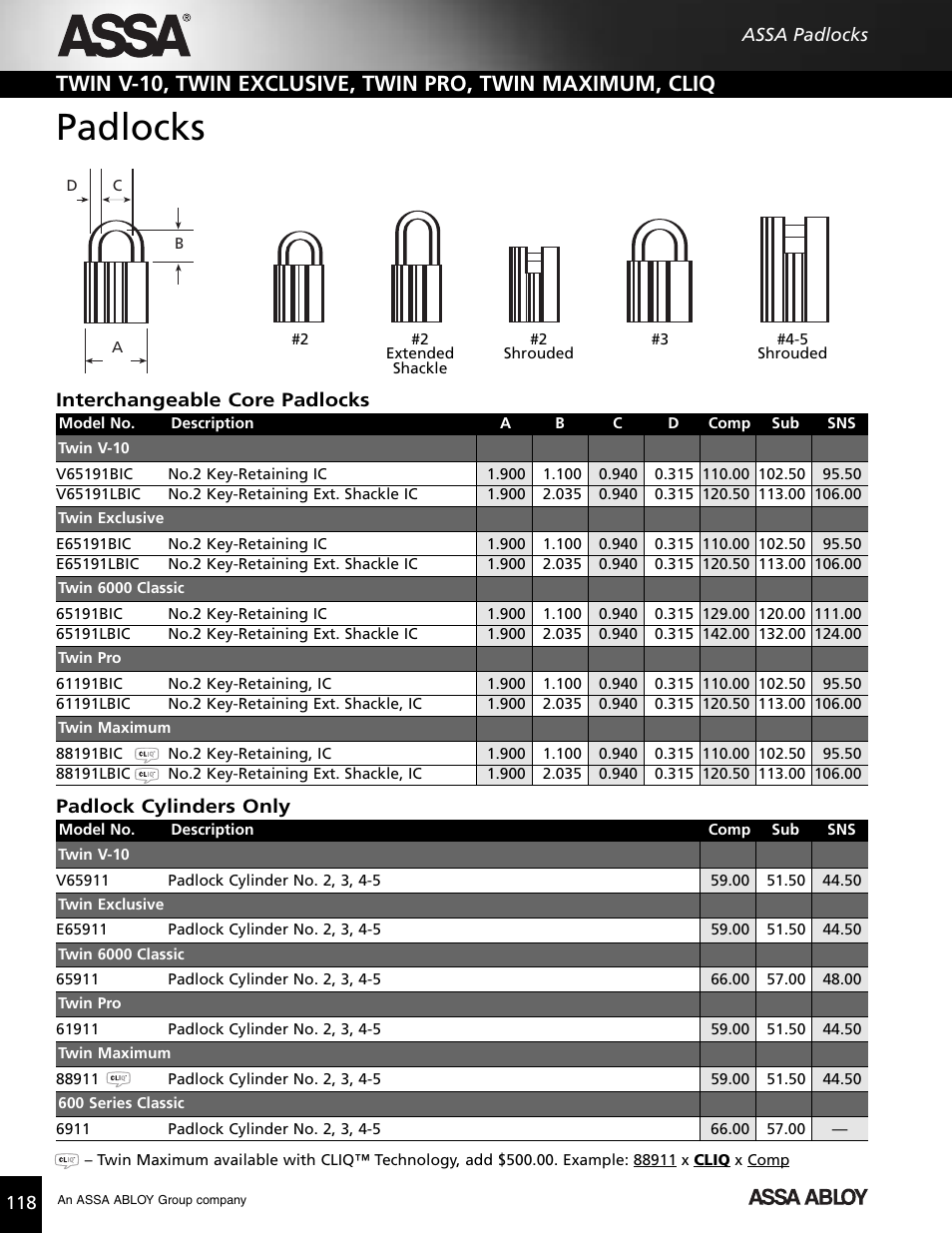 Padlocks, Interchangeable core padlocks, Padlock cylinders only | Assa high security lock User Manual | Page 119 / 146