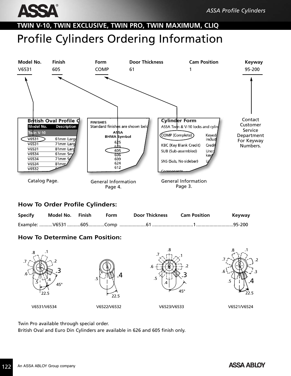 Profile cylinders ordering information, How to order profile cylinders, How to determine cam position | Assa high security lock User Manual | Page 123 / 146