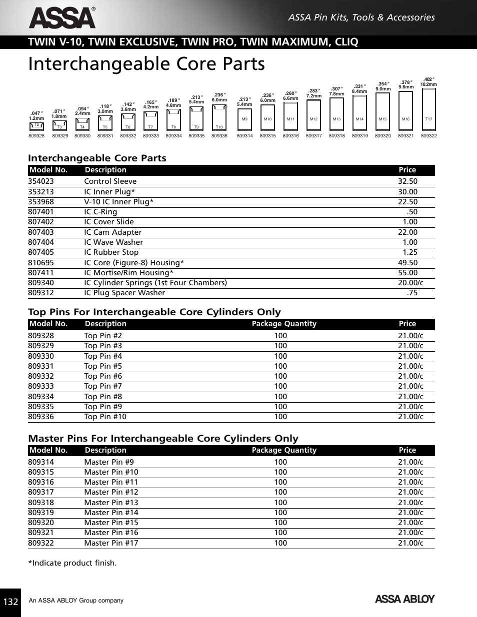 Interchangeable core parts, Top pins for interchangeable core cylinders only, 132 assa pin kits, tools & accessories | Assa high security lock User Manual | Page 133 / 146