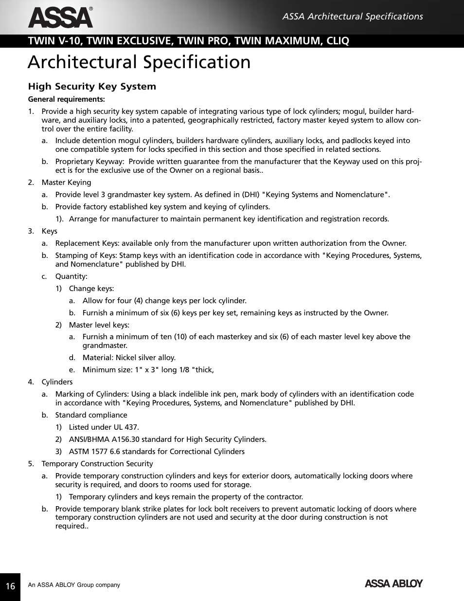 Architectural specifications, Architectural specification | Assa high security lock User Manual | Page 17 / 146