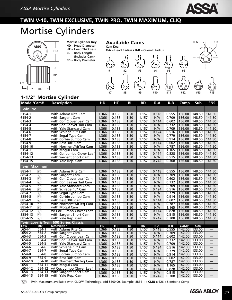 Mortise cylinders, Available cams, 1/2" mortise cylinder | Assa mortise cylinders | Assa high security lock User Manual | Page 28 / 146