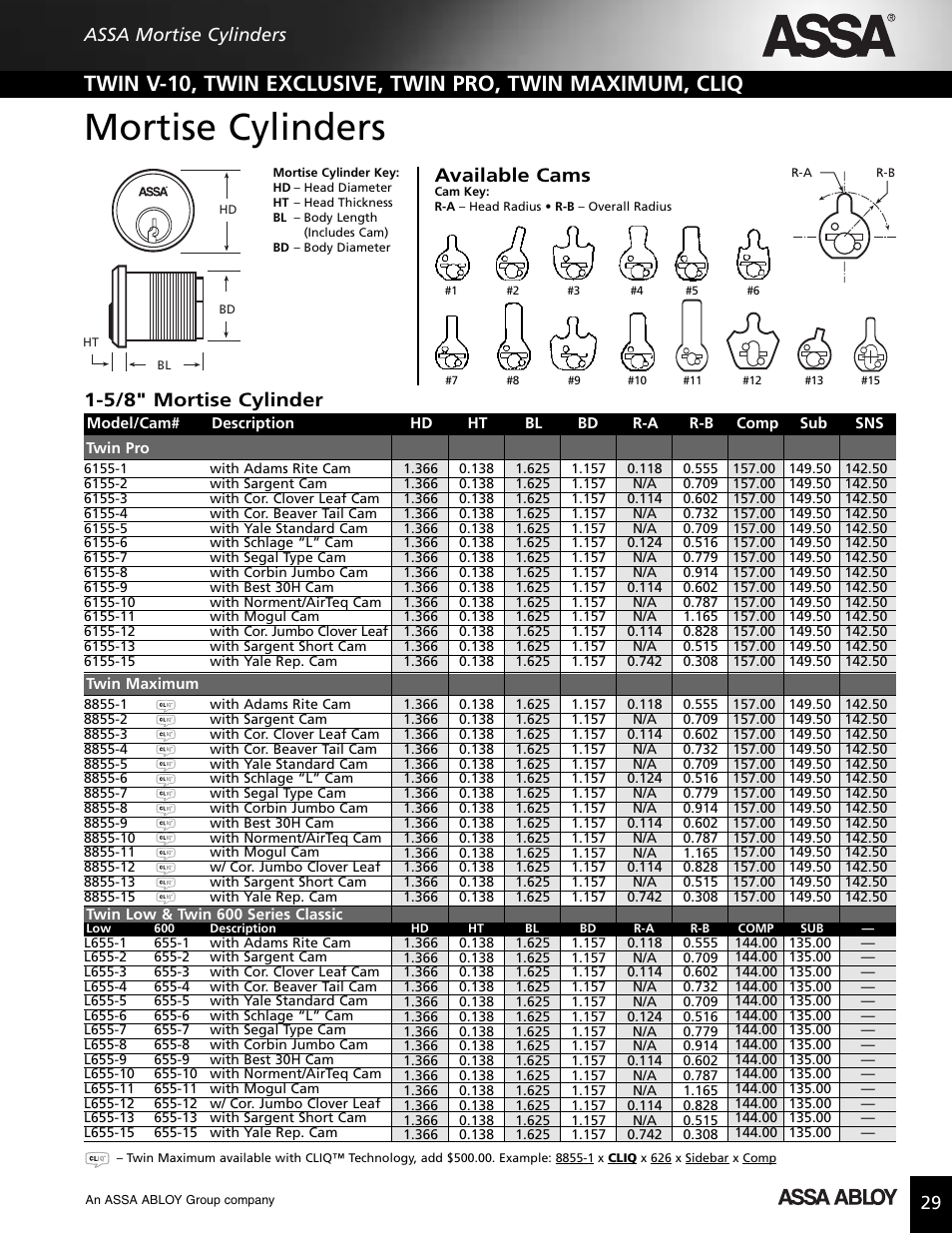 Mortise cylinders, Available cams, 5/8" mortise cylinder | Assa mortise cylinders | Assa high security lock User Manual | Page 30 / 146