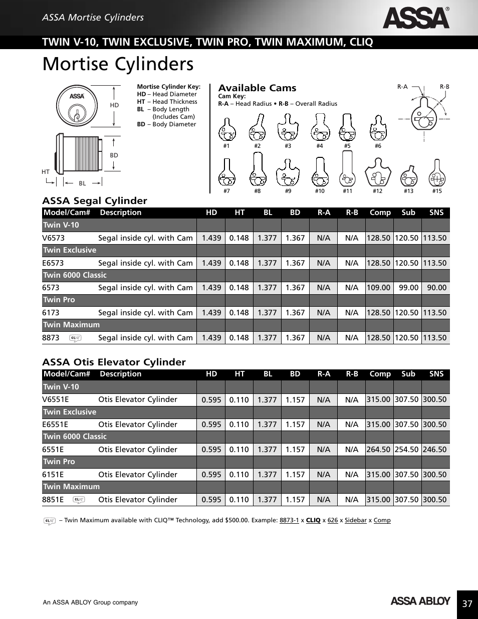 Mortise cylinders, Available cams, Assa segal cylinder | Assa otis elevator cylinder | Assa high security lock User Manual | Page 38 / 146