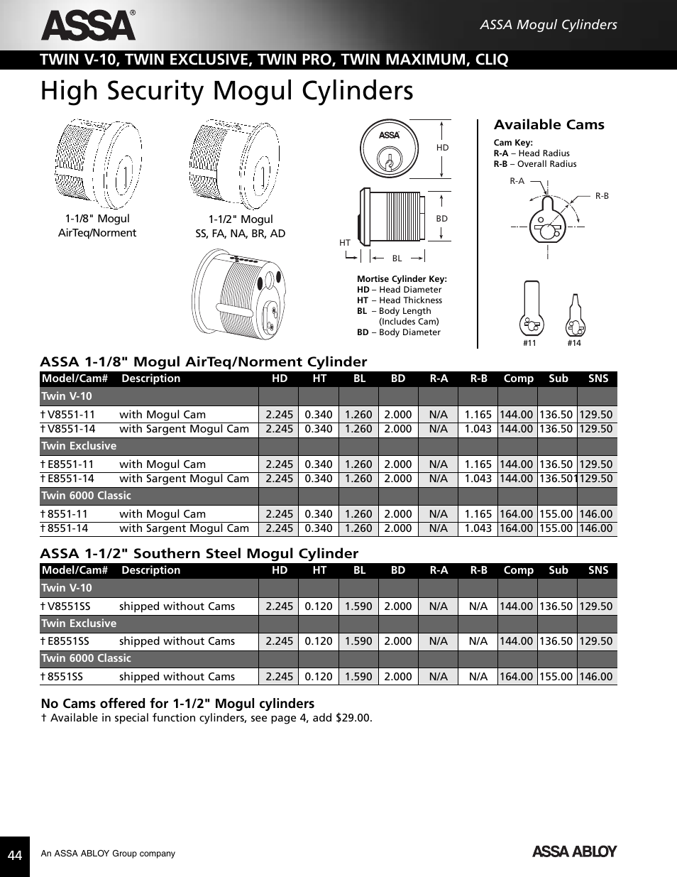 High security mogul cylinders, Assa 1-1/2" southern steel mogul cylinder | Assa high security lock User Manual | Page 45 / 146