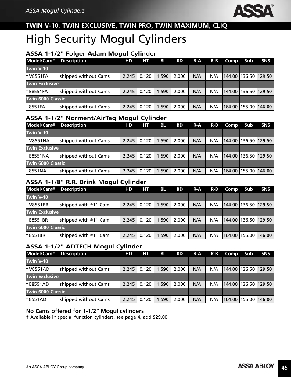 High security mogul cylinders, Assa 1-1/2" folger adam mogul cylinder, Assa 1-1/2" norment/airteq mogul cylinder | Assa 1-1/8" r.r. brink mogul cylinder, Assa 1-1/2" adtech mogul cylinder | Assa high security lock User Manual | Page 46 / 146