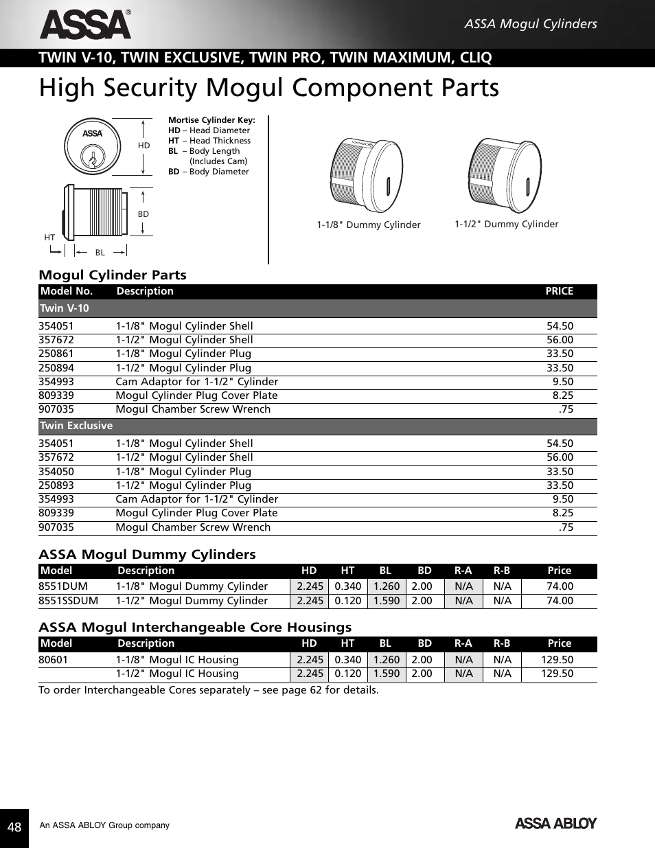 High security mogul component parts, Mogul cylinder parts, Assa mogul dummy cylinders | Assa mogul interchangeable core housings | Assa high security lock User Manual | Page 49 / 146
