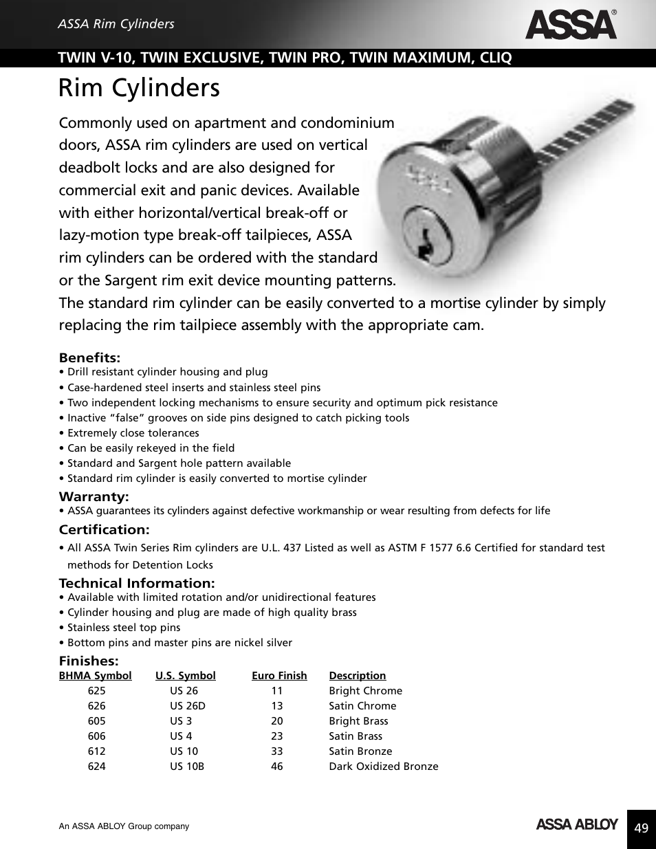 Rim cylinders | Assa high security lock User Manual | Page 50 / 146