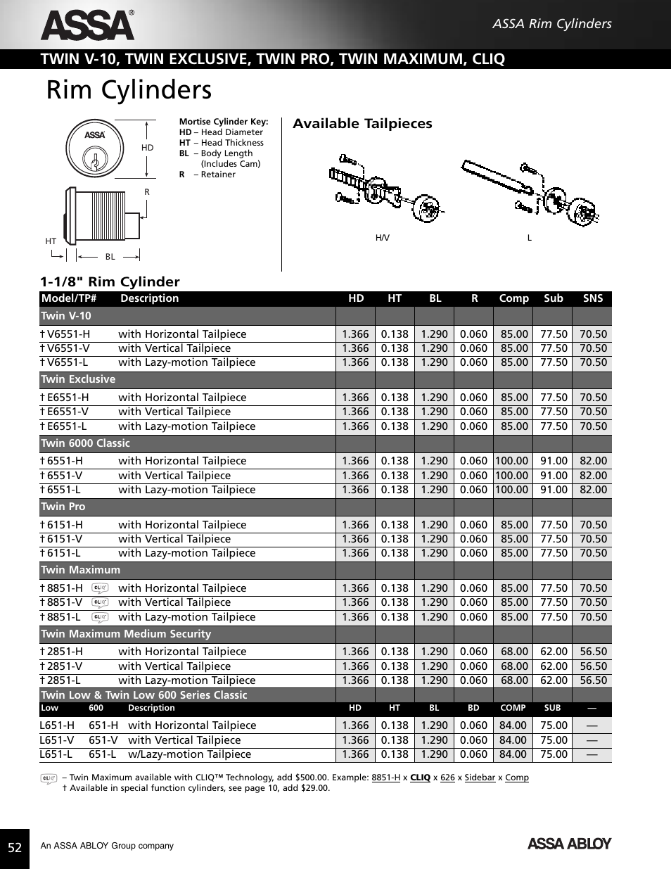 Rim cylinders, 1/8" rim cylinder available tailpieces | Assa high security lock User Manual | Page 53 / 146