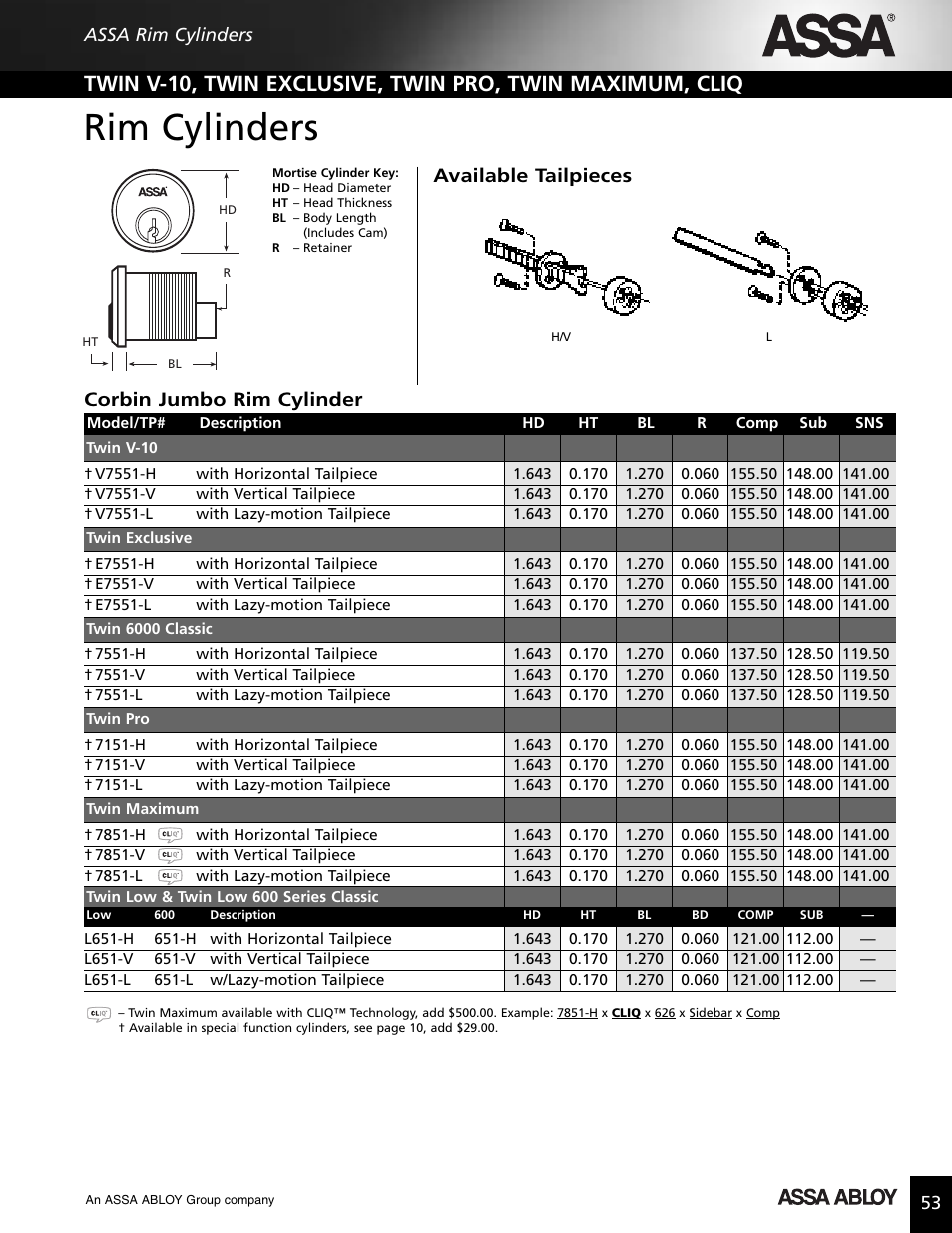 Rim cylinders, Available tailpieces, Corbin jumbo rim cylinder | Assa high security lock User Manual | Page 54 / 146