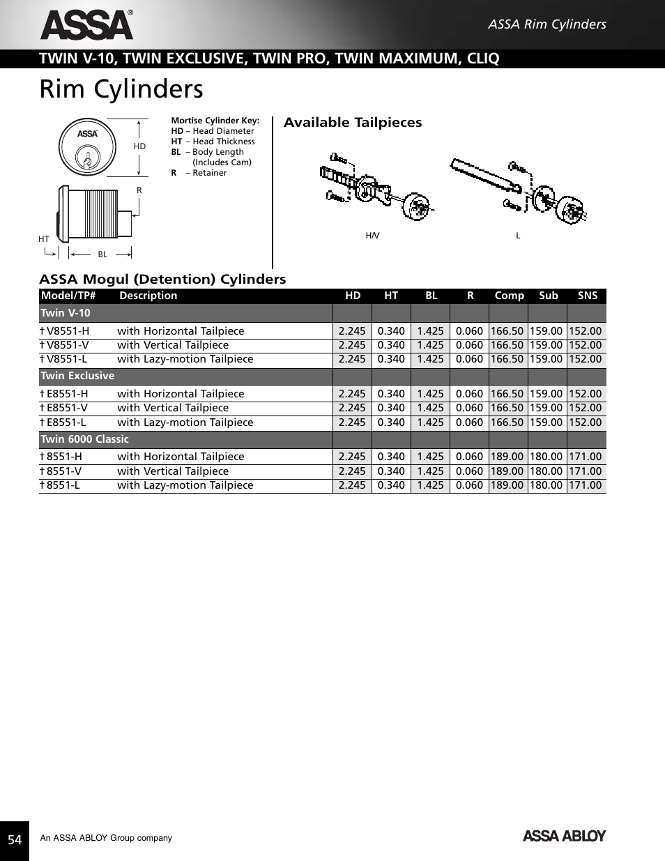 Rim cylinders, Available tailpieces, Assa mogul (detention) cylinders | Assa high security lock User Manual | Page 55 / 146