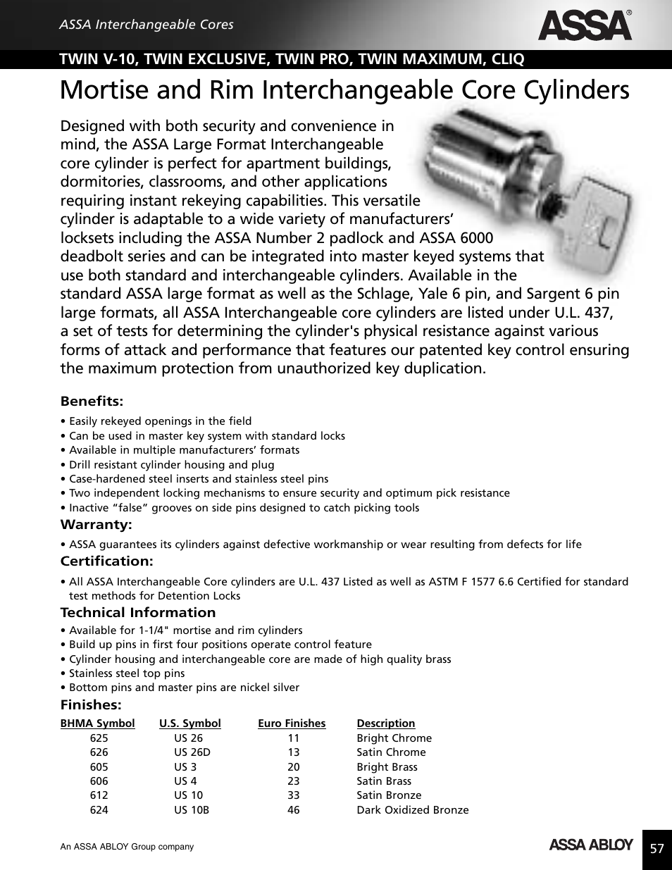 Mortise and rim interchangeable core cylinders, Mortise & rim interchangeable core cylinders | Assa high security lock User Manual | Page 58 / 146