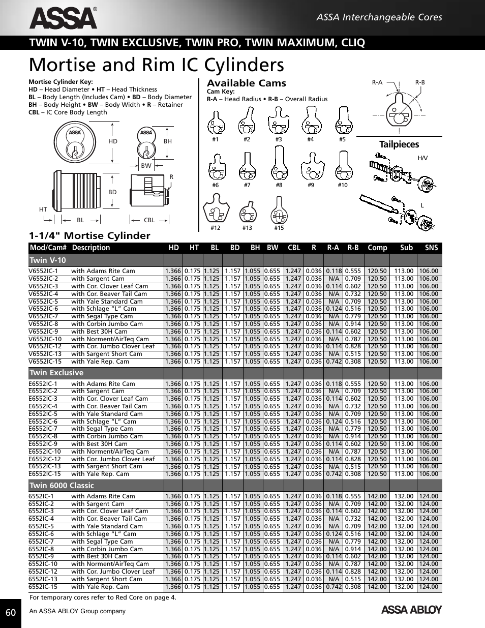 Mortise and rim ic cylinders, Available cams, 1/4" mortise cylinder | 60 assa interchangeable cores, Tailpieces | Assa high security lock User Manual | Page 61 / 146