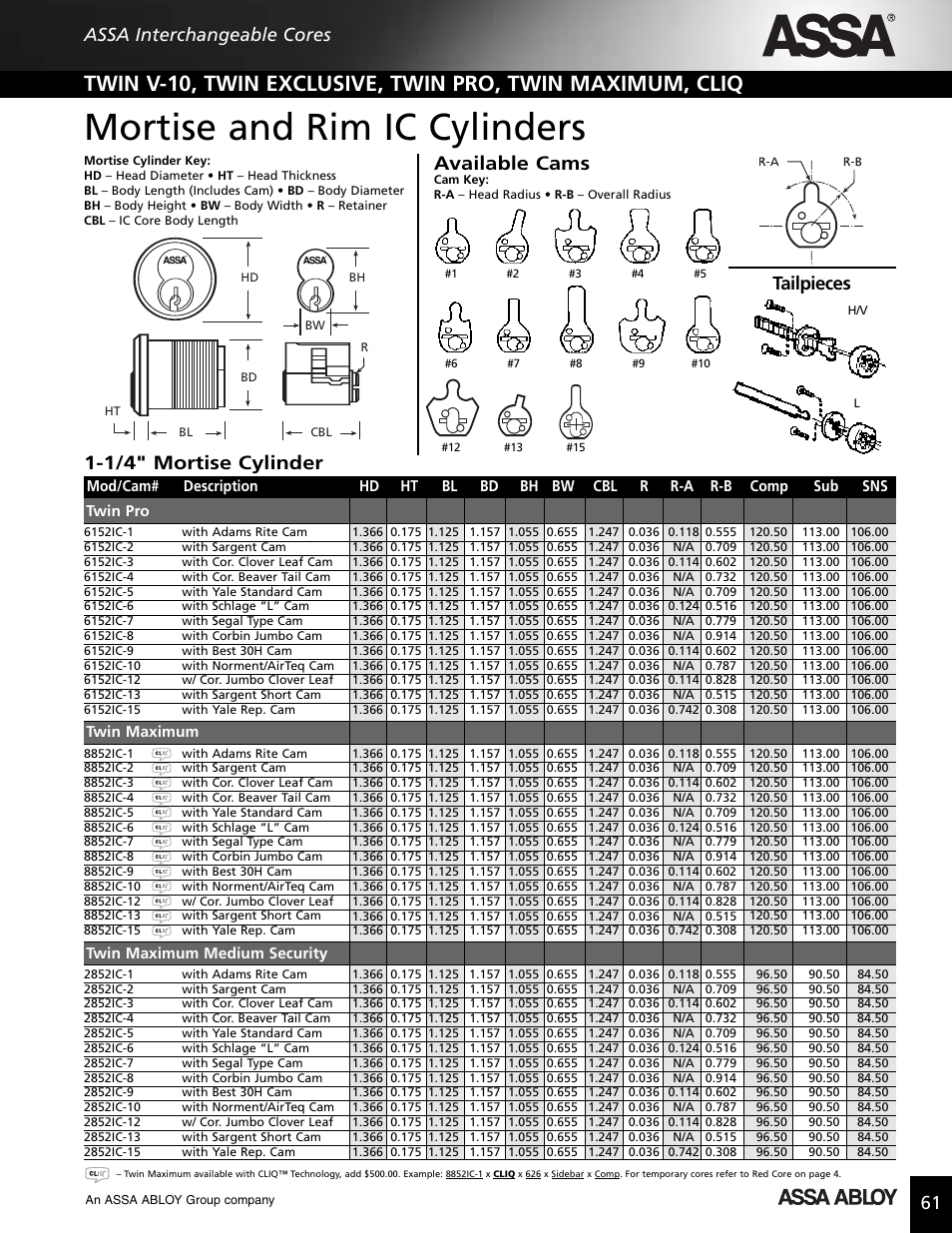 Mortise and rim ic cylinders, Available cams, 1/4" mortise cylinder | 61 assa interchangeable cores, Tailpieces | Assa high security lock User Manual | Page 62 / 146
