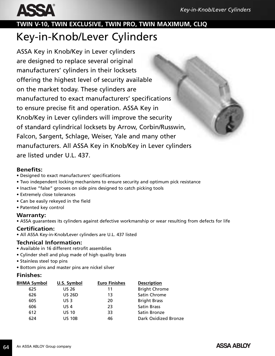 Key-in-knob/lever cylinders | Assa high security lock User Manual | Page 65 / 146