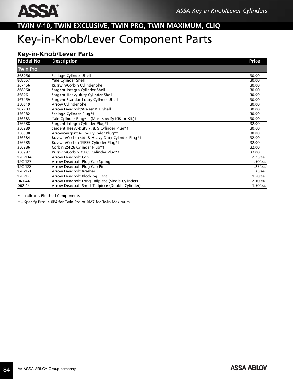 Key-in-knob/lever component parts, Key-in-knob/lever parts, 84 assa key-in-knob/lever cylinders | Assa high security lock User Manual | Page 85 / 146