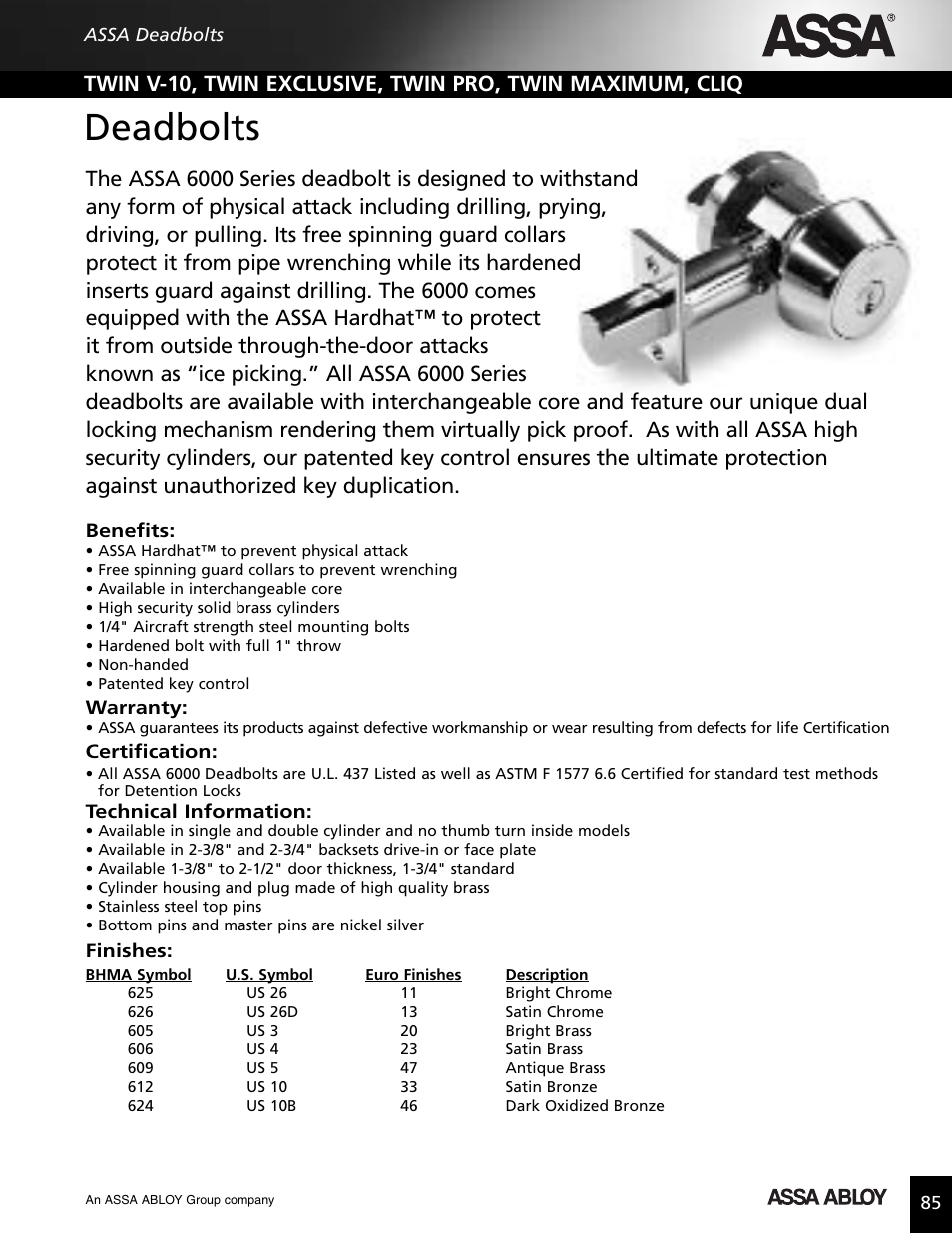 Deadbolts | Assa high security lock User Manual | Page 86 / 146