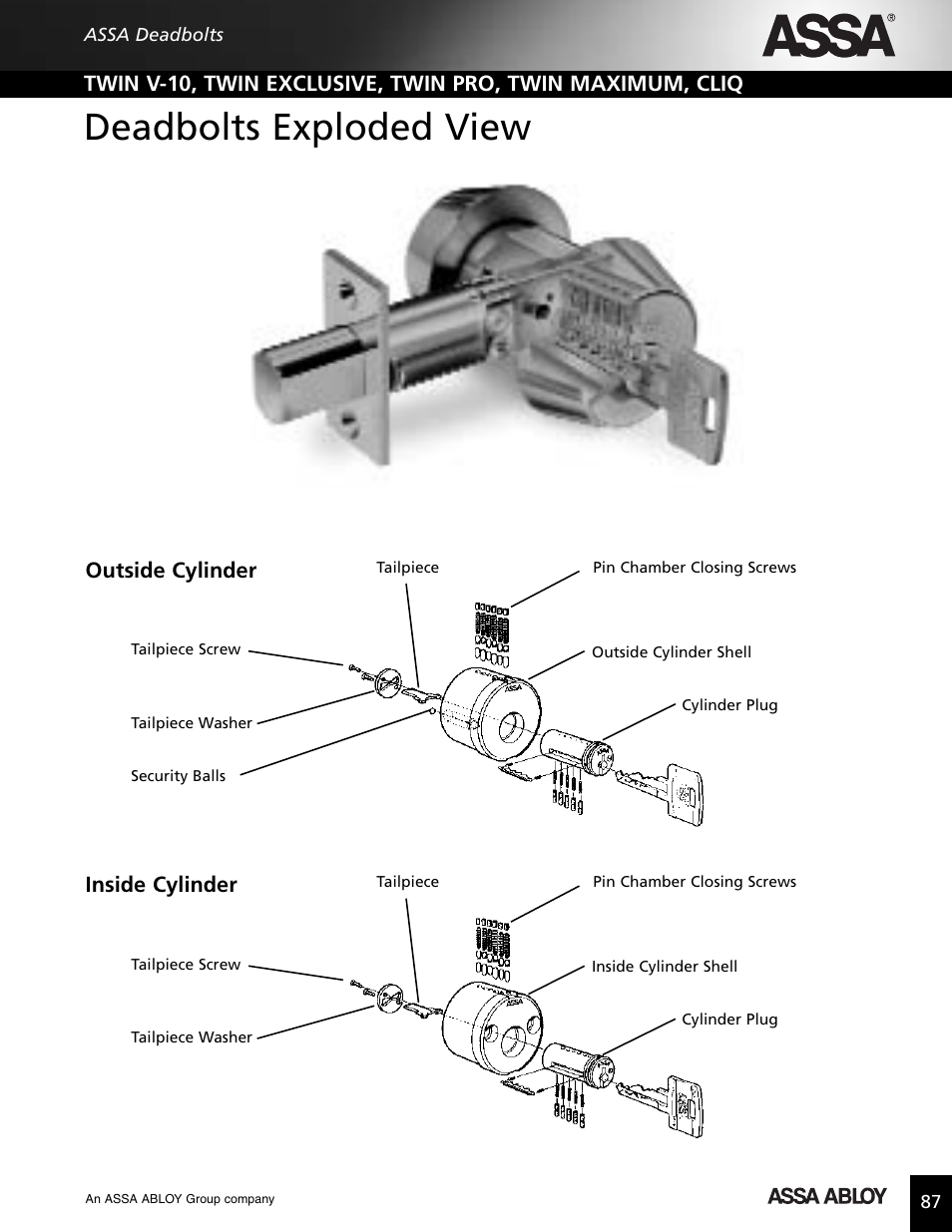 Deadbolts exploded view, Outside cylinder inside cylinder | Assa high security lock User Manual | Page 88 / 146