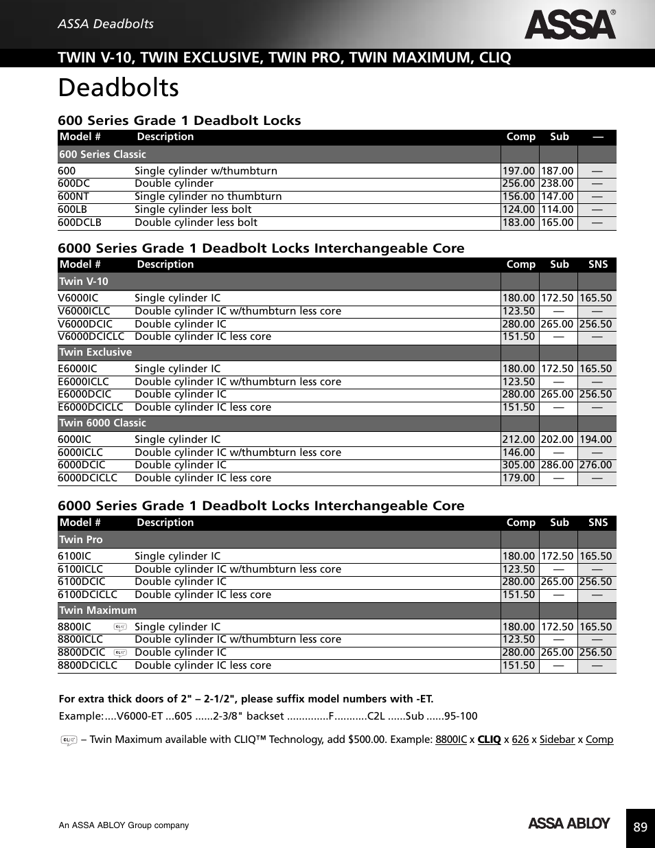 Deadbolts, 600 series grade 1 deadbolt locks | Assa high security lock User Manual | Page 90 / 146