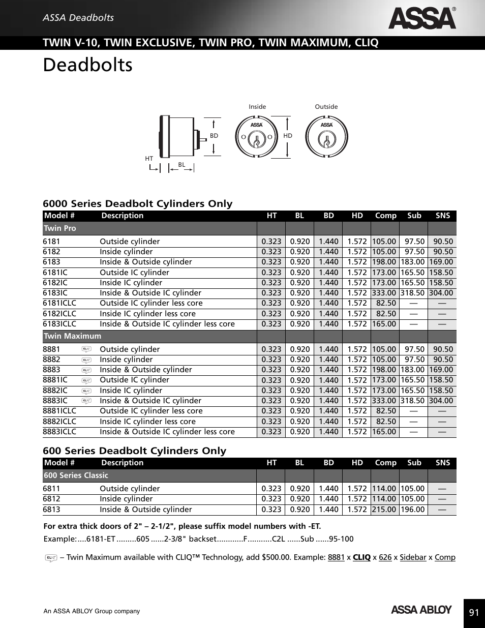 Deadbolts, 6000 series deadbolt cylinders only, 600 series deadbolt cylinders only | Assa high security lock User Manual | Page 92 / 146