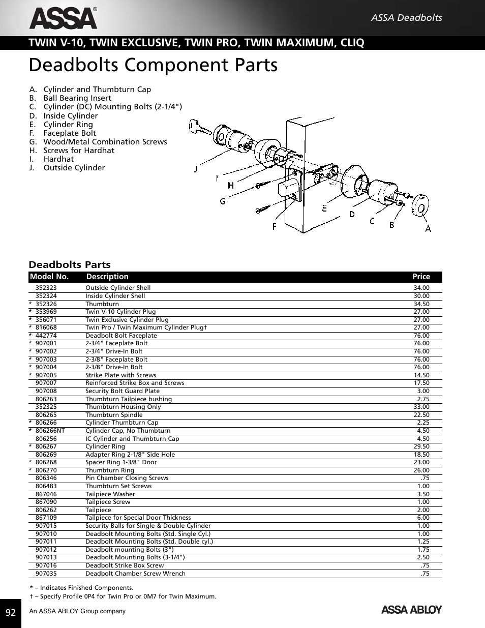 Deadbolts component parts, Deadbolts parts, 92 assa deadbolts | Assa high security lock User Manual | Page 93 / 146