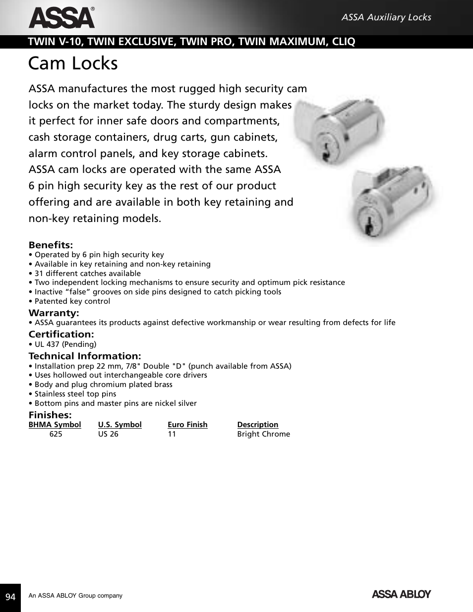 Cam locks | Assa high security lock User Manual | Page 95 / 146