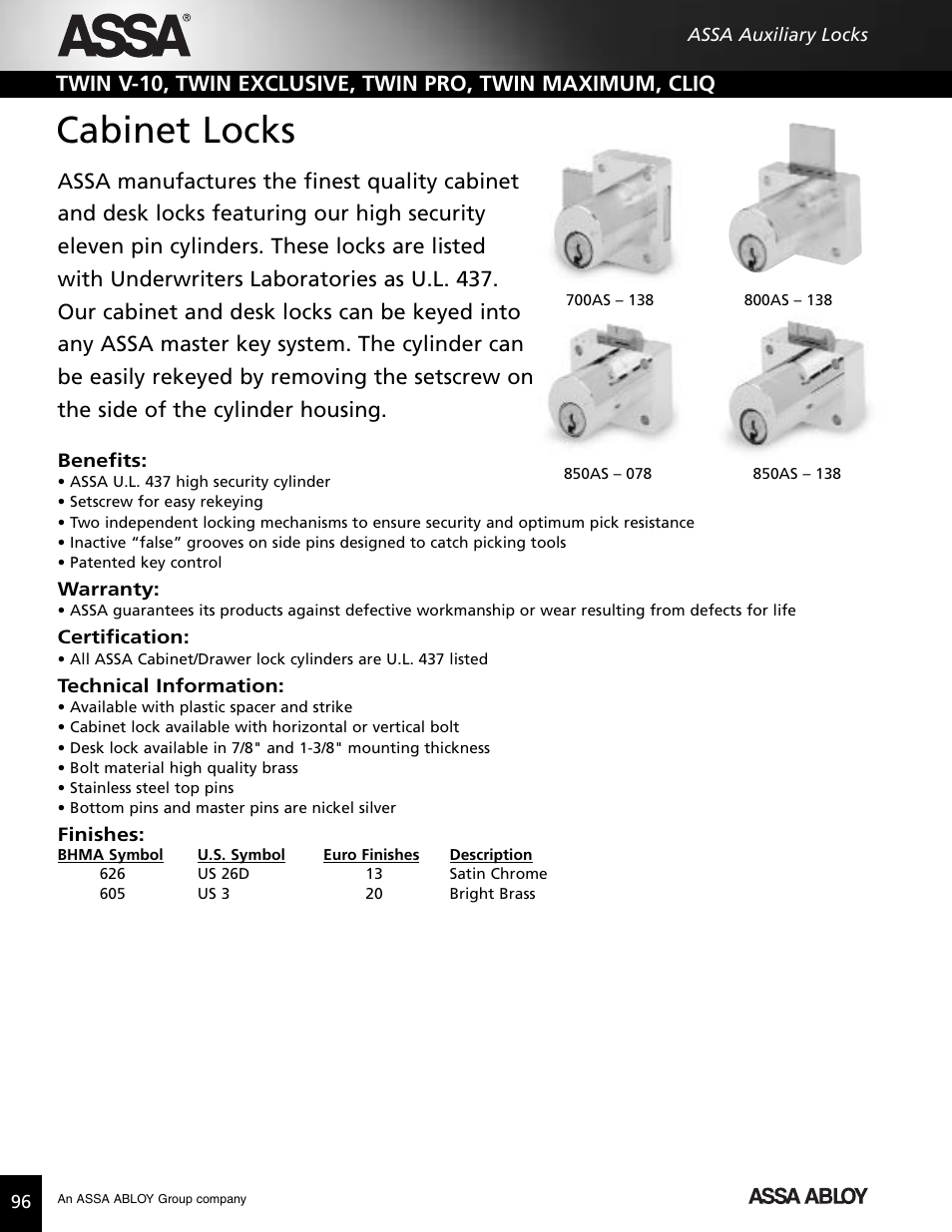 Cabinet locks | Assa high security lock User Manual | Page 97 / 146