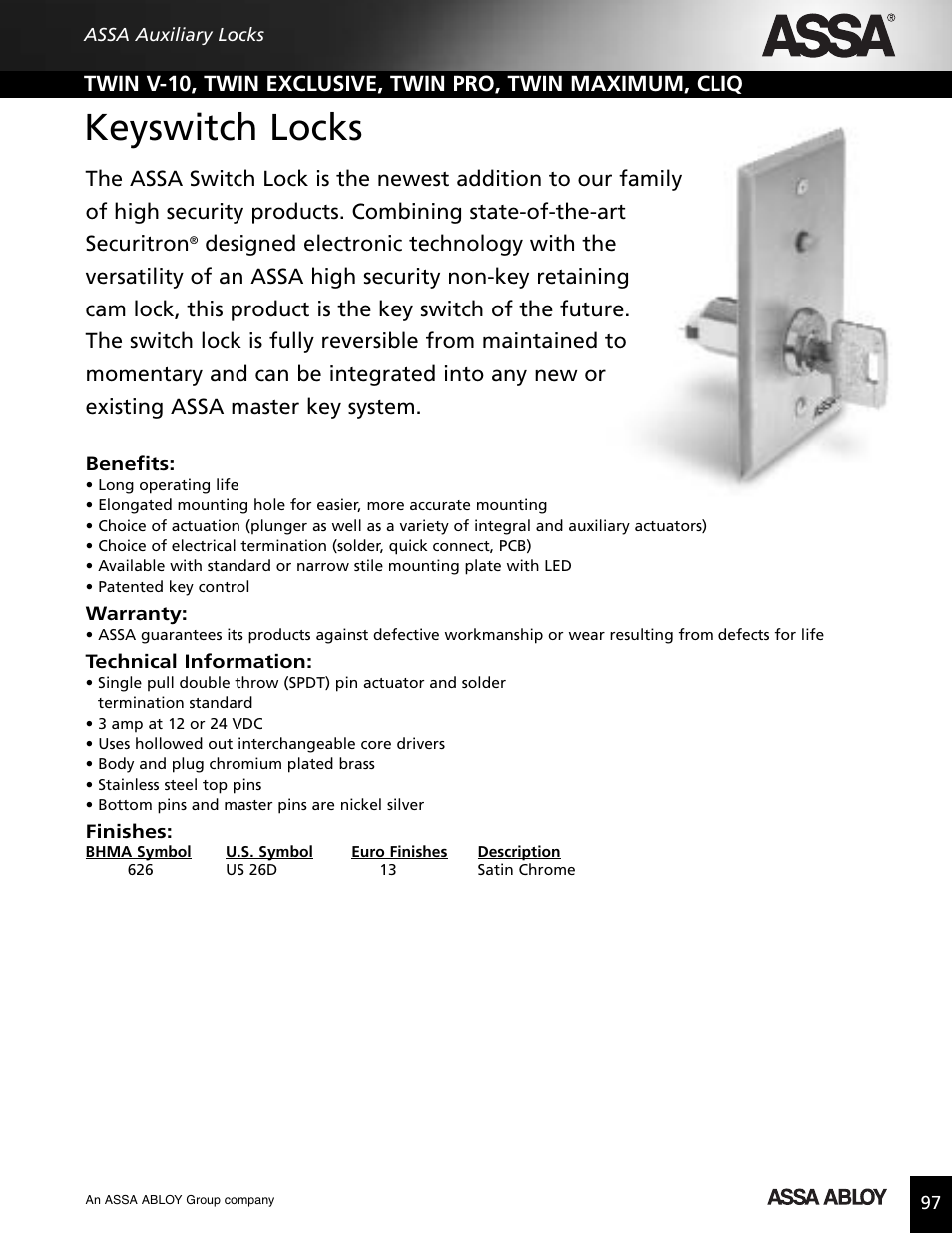Keyswitch locks | Assa high security lock User Manual | Page 98 / 146